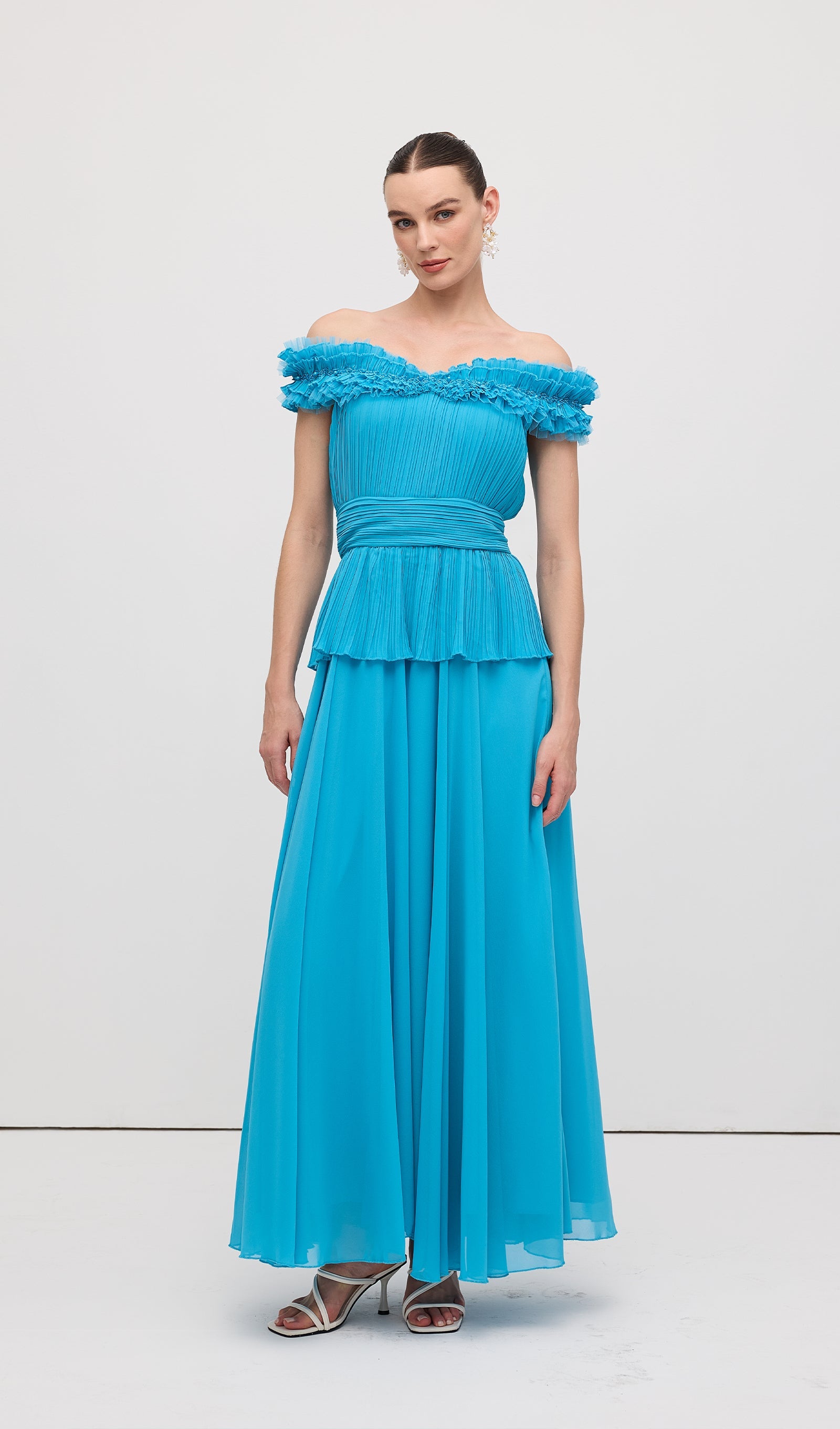 Solid Tiered Pleated Strapless Gown Maxi Dress