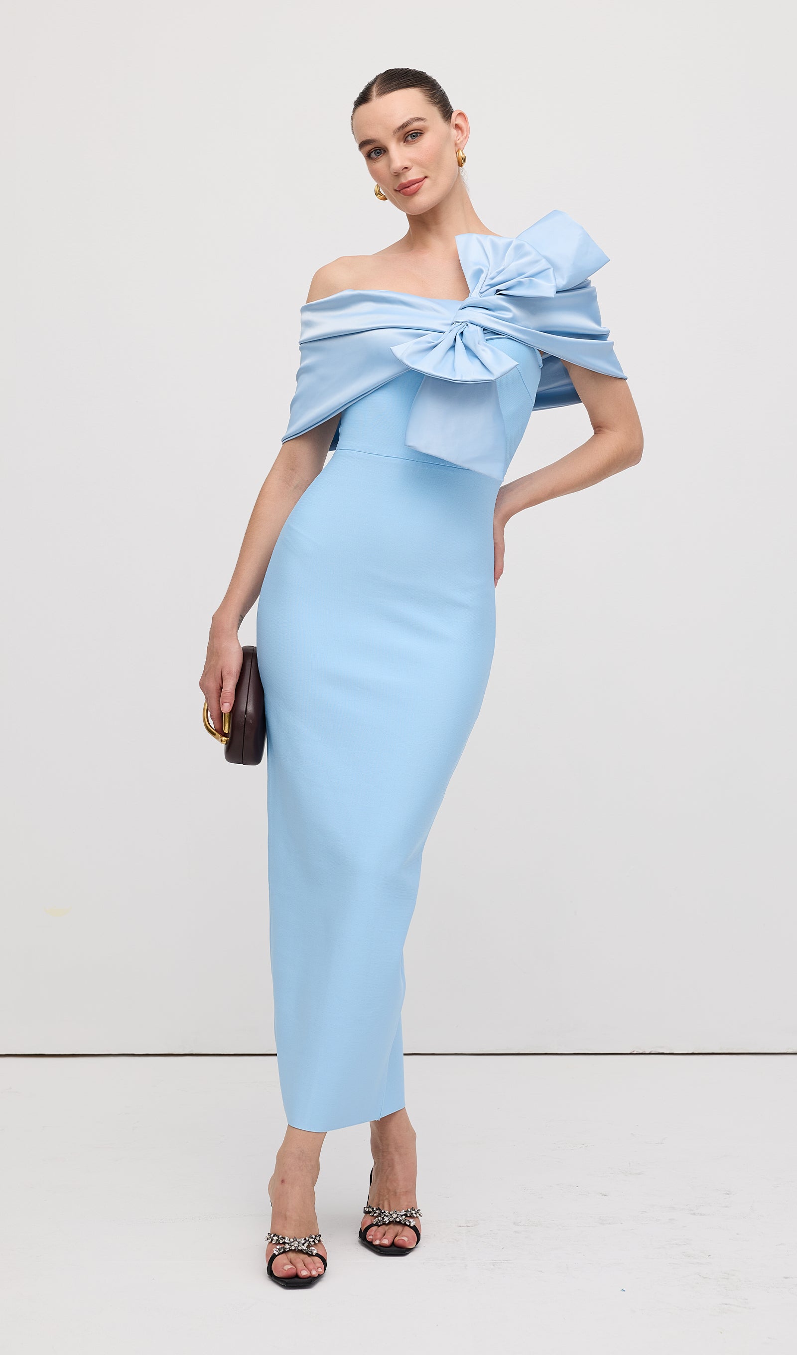 Shawl Strapless Collar Satin Maxi Dress