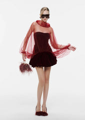 Velvet Panelled Cape Mini Dress In Red