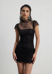 Ruched Mini Dress In Black Lace