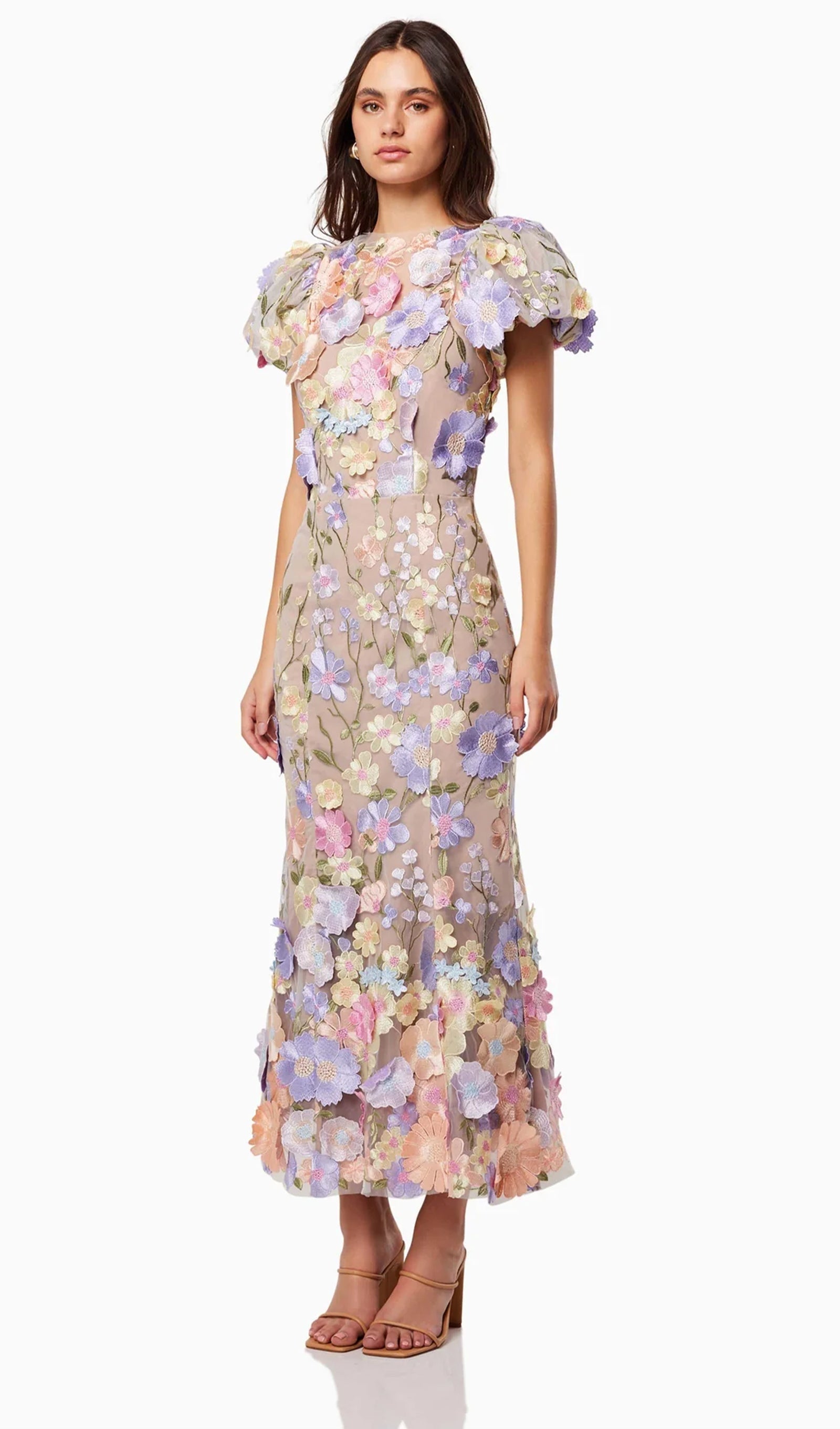 Floral 3D Lace Midi Dress In Purple