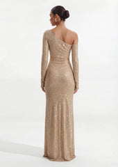 Diamante Long Sleeve Maxi Dress In Nude