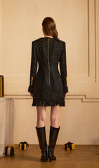 V Neck Tweed Slim Tassel Mini Dress