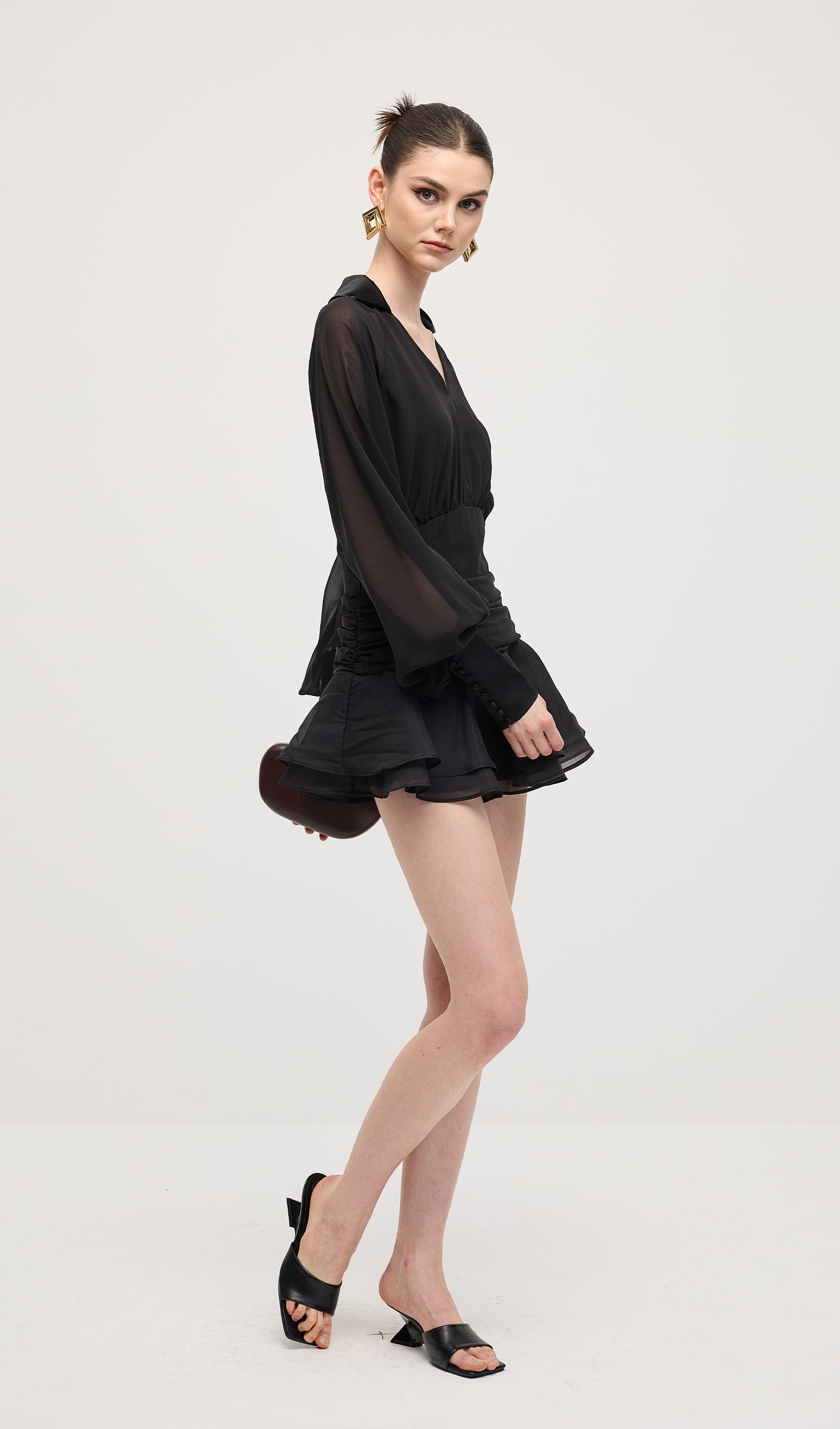 Solid Lantern Sleeve Mini Dress In Black
