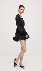 Solid Lantern Sleeve Mini Dress In Black