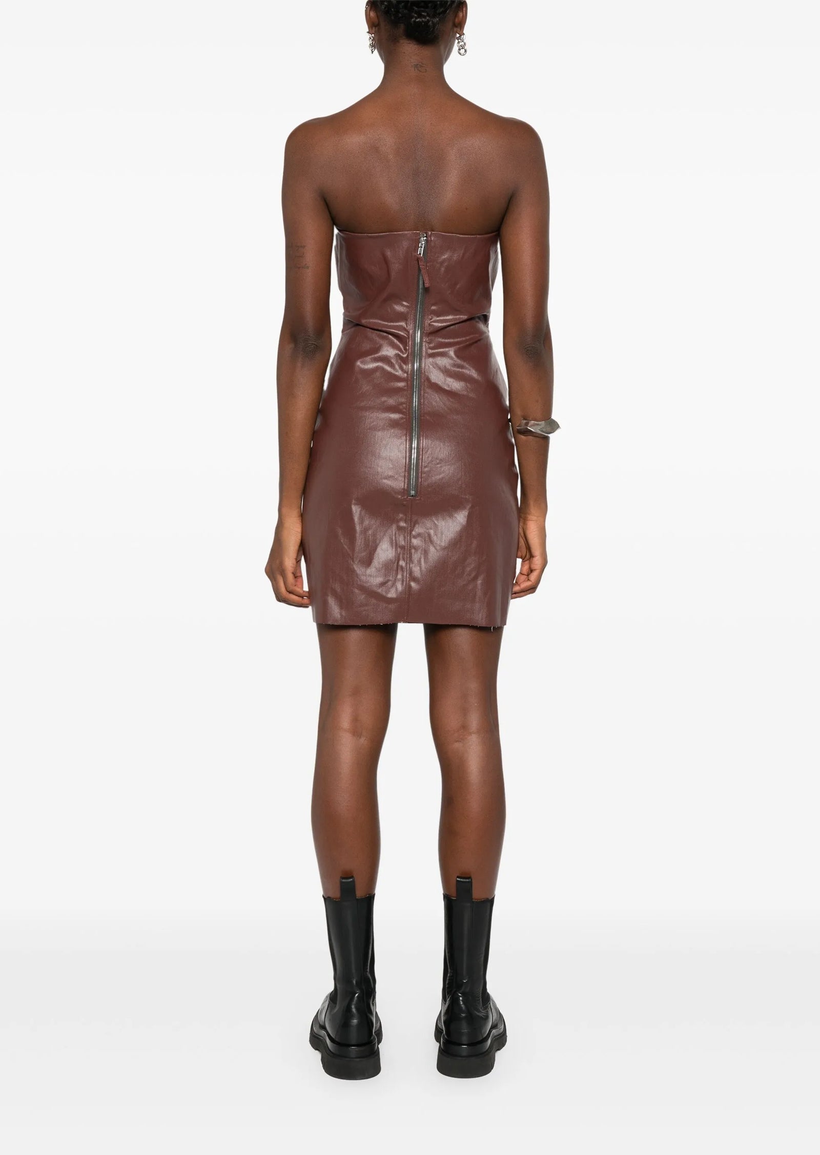 Strapless Cutout Coated-Denim Mini Dress