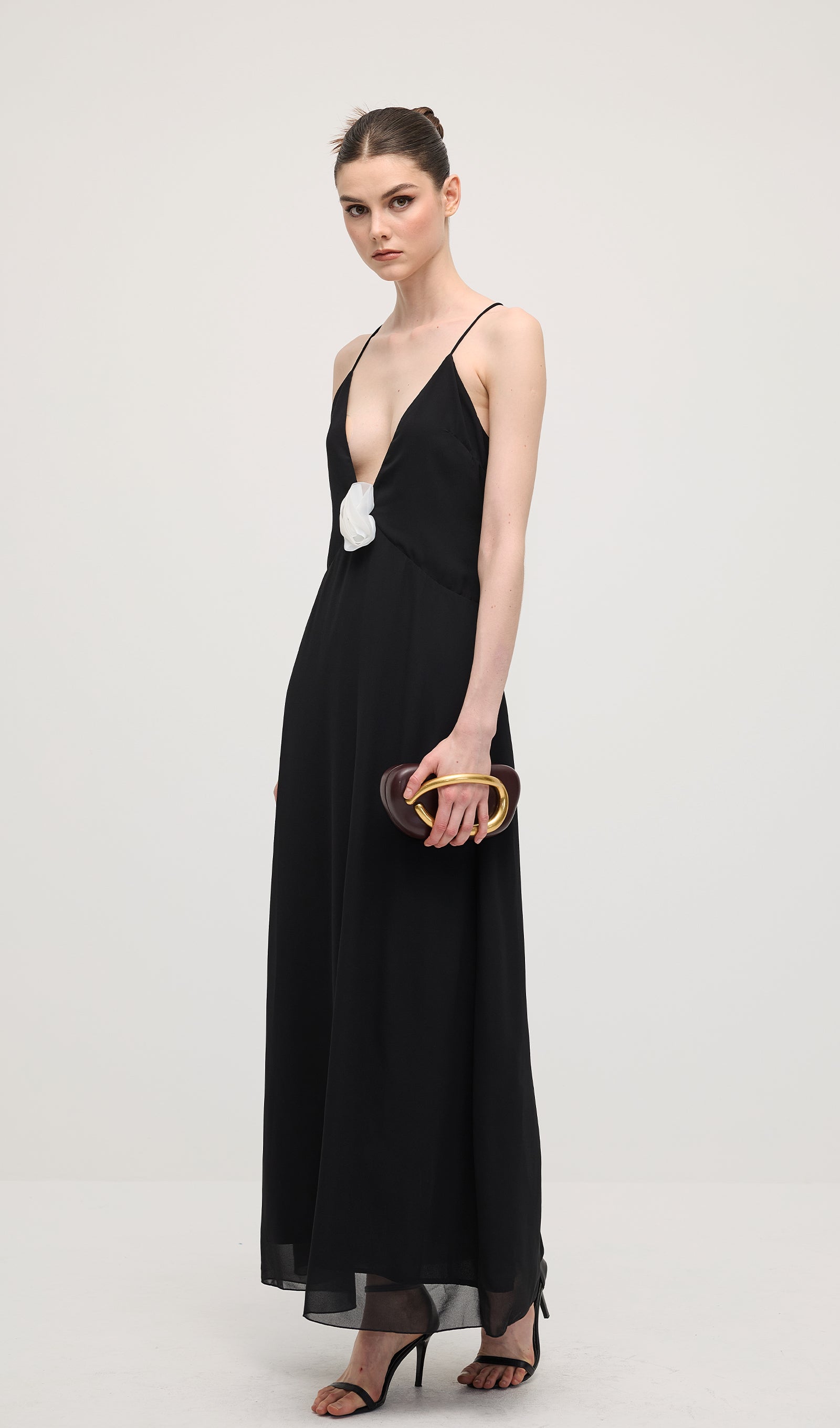 V Neck Halter Maxi Dress In Black