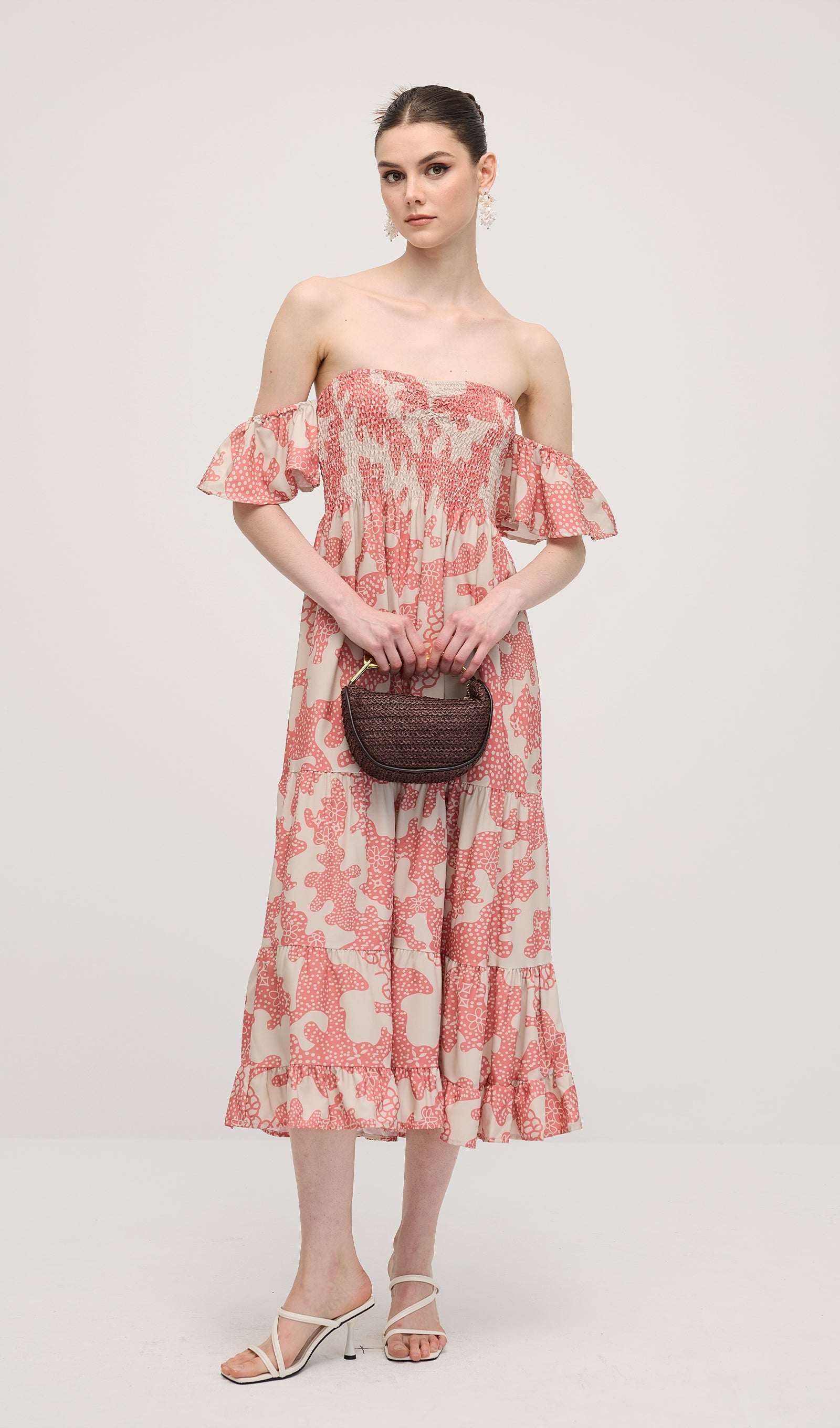 Off Shoulder Smocked Ruffle Printed Midi Dress