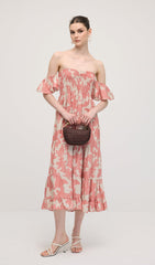 Off Shoulder Smocked Ruffle Printed Midi Dress