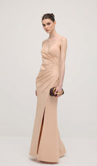 V Neck Sleeveless Slit Maxi Dress In Apricot