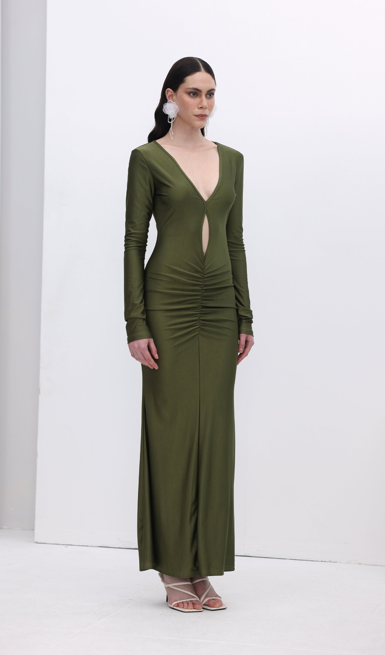 V Neck Ruched Maxi Dress