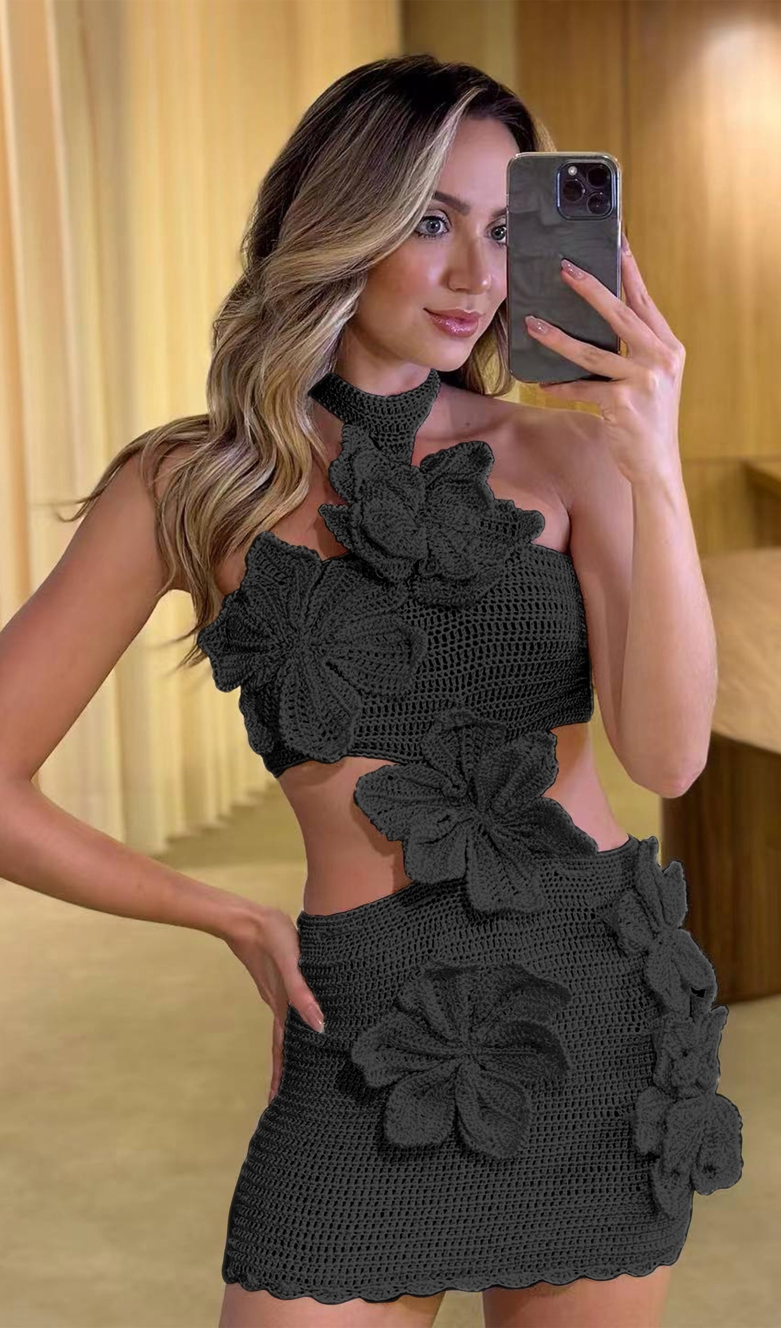 Knitted Flowers Hollow Out Mini Dress In White/Black