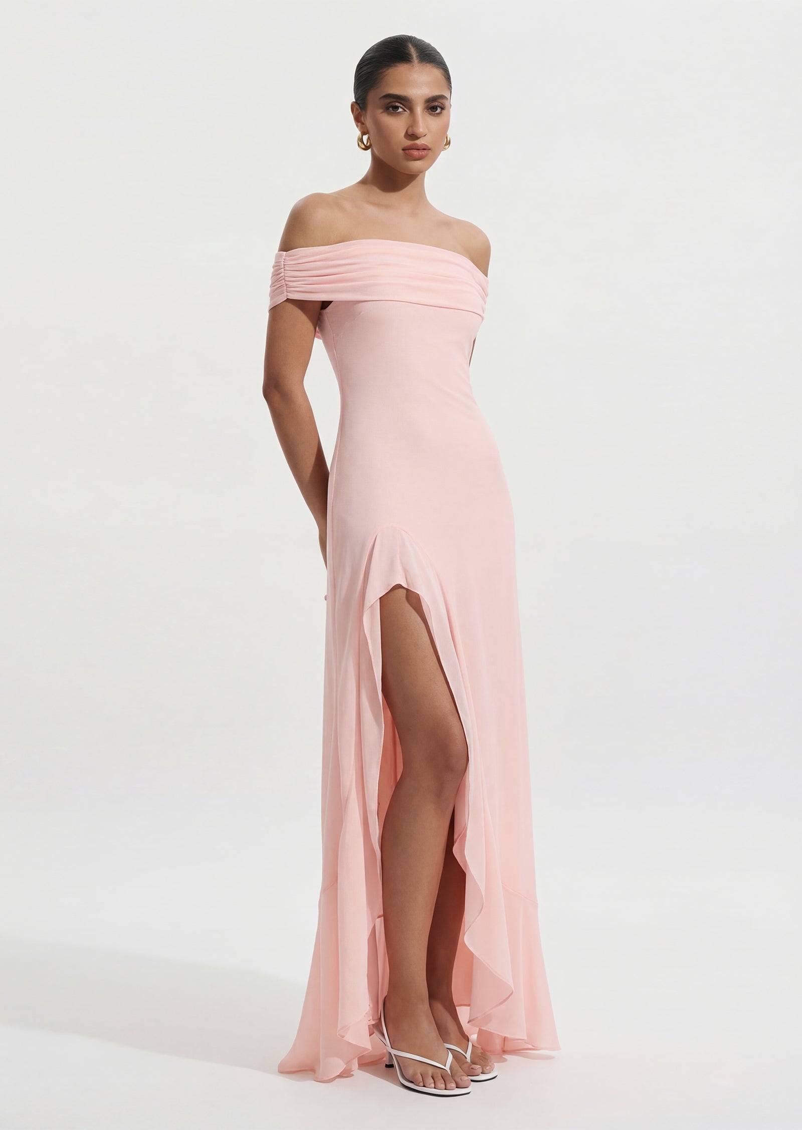 Off Shoulder Mesh Maxi Dress In Pale Pink