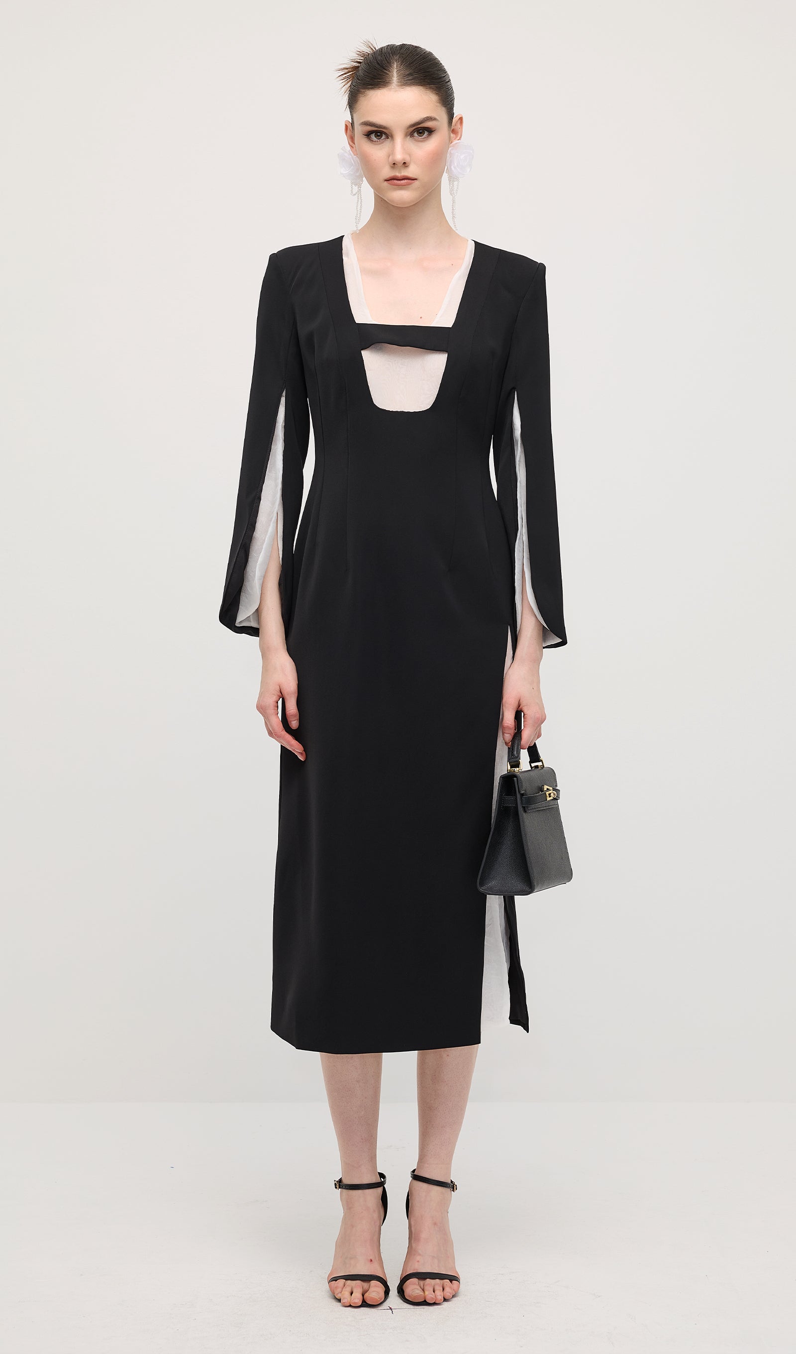 Slit Square Shoulder Midi Dress In Black