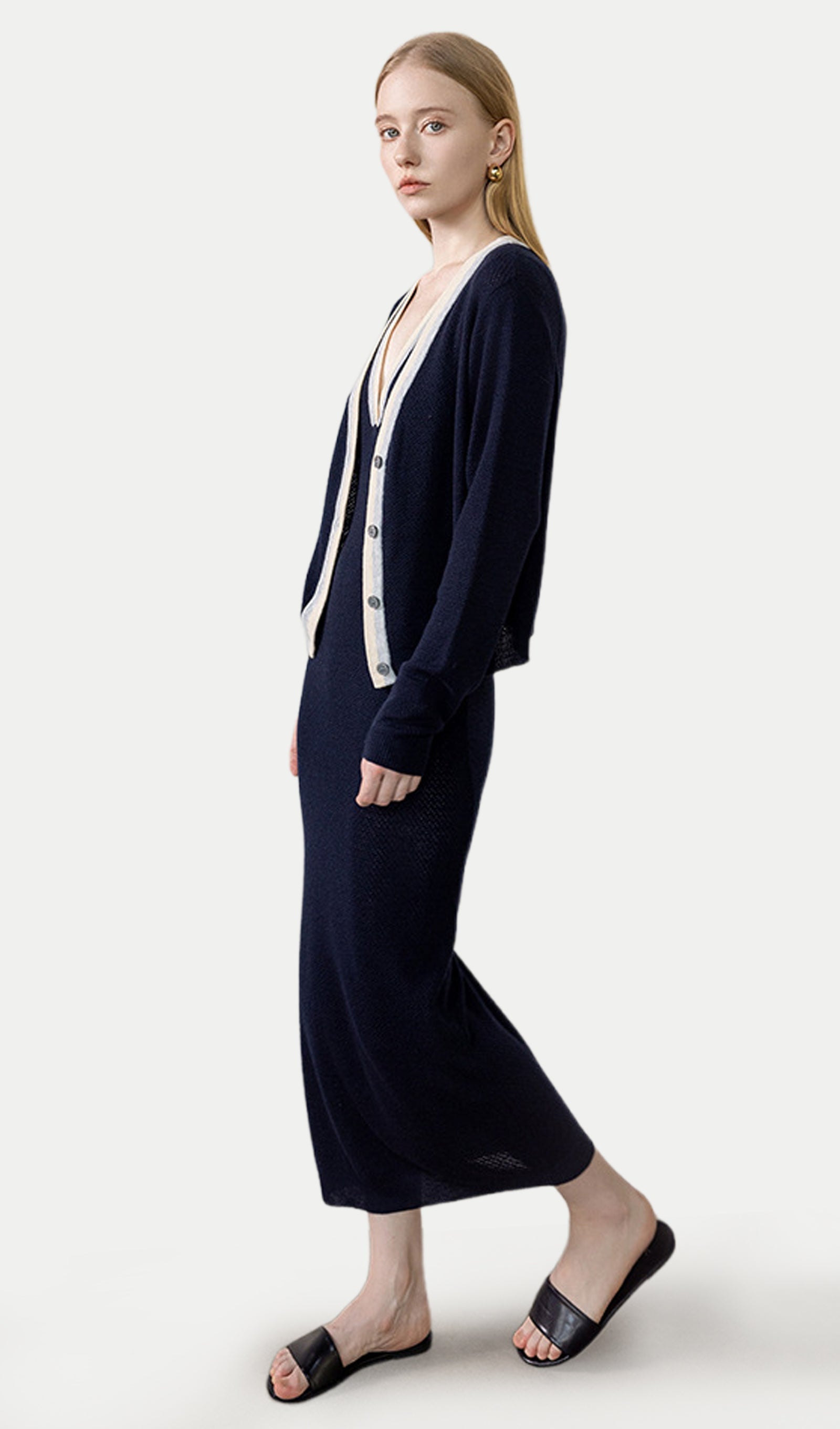 V Neck Color-Blocked Dress & Cardigan Set