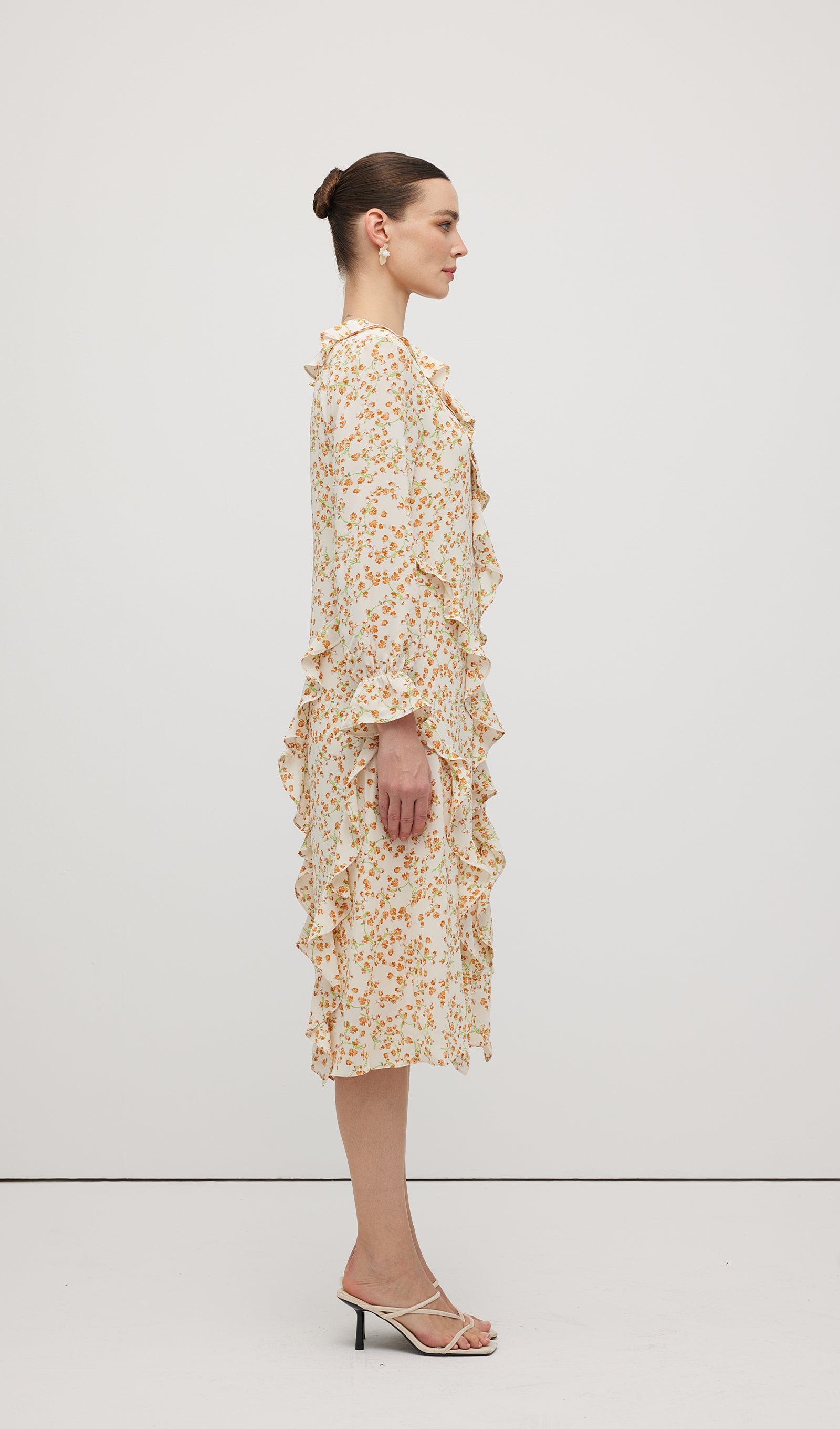 Floral V Neck Ruffled Midi Dress