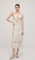 Floral V Neck Ruffled Midi Dress