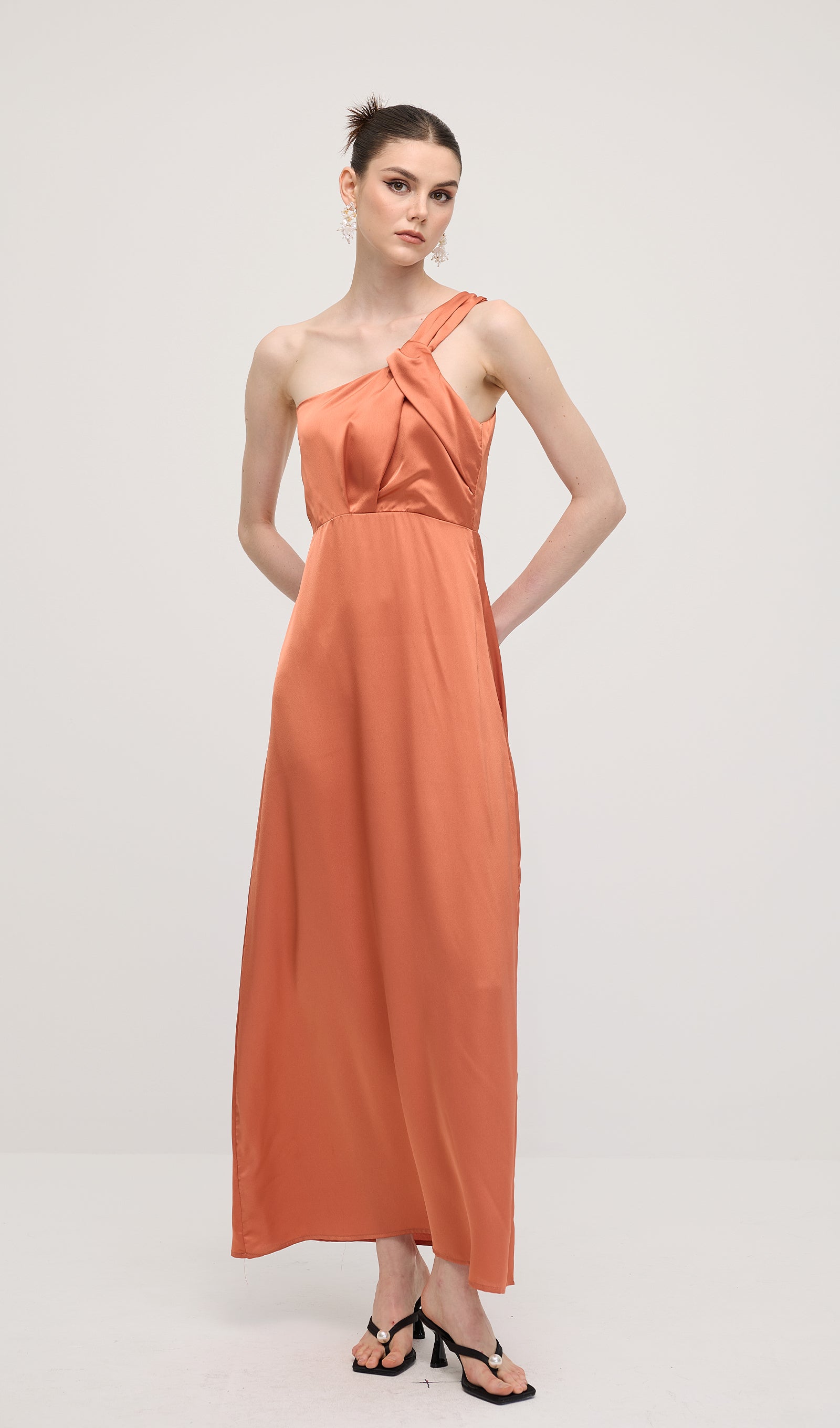 One Shoulder Draping Feature Midi Dress In Rose Brown