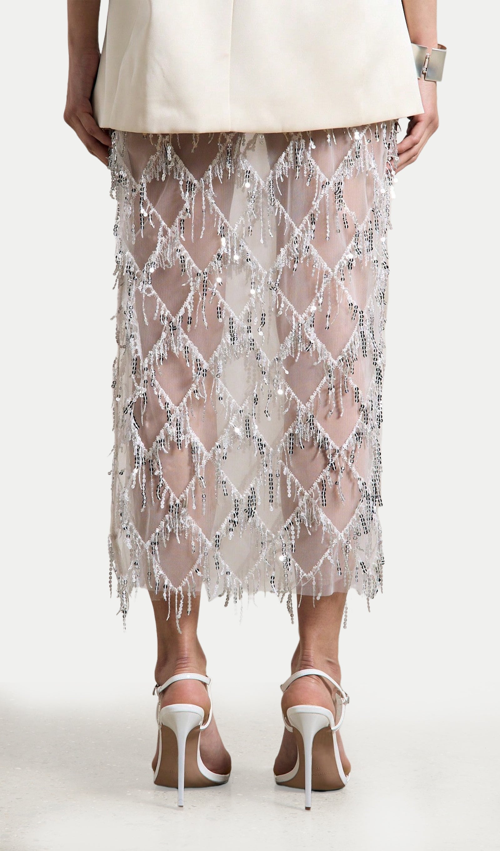 Sheer Sequined Midi Skirt In White