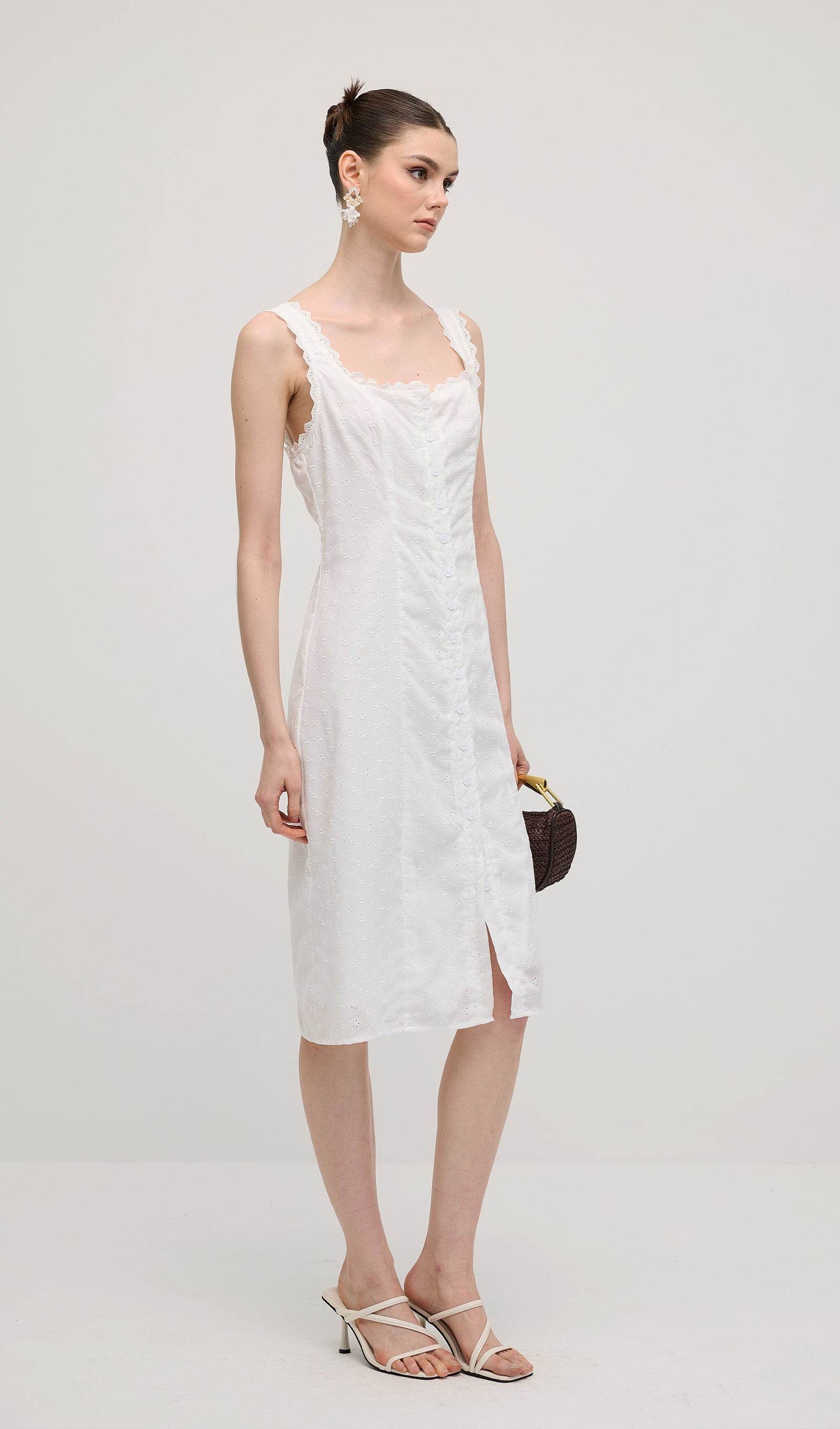 Solid Eyelet Sleeveless Midi Dress