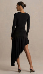 Asymmetric-Neck Midi Dress With Embellishment In Black