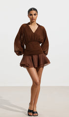 Solid Lantern Sleeve Mini Dress In Coffee