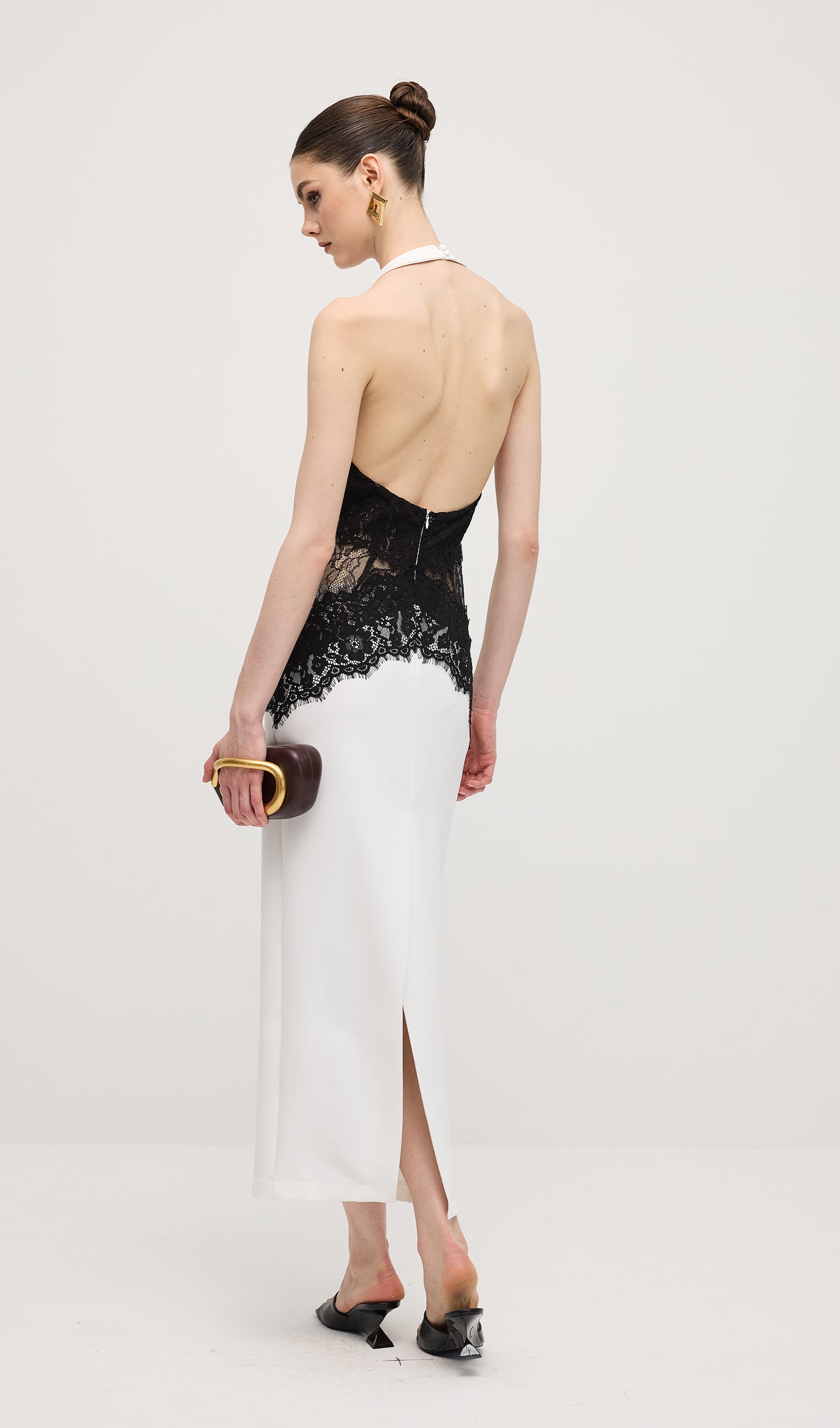 Open Back Maxi Dress In Crepe & Lace