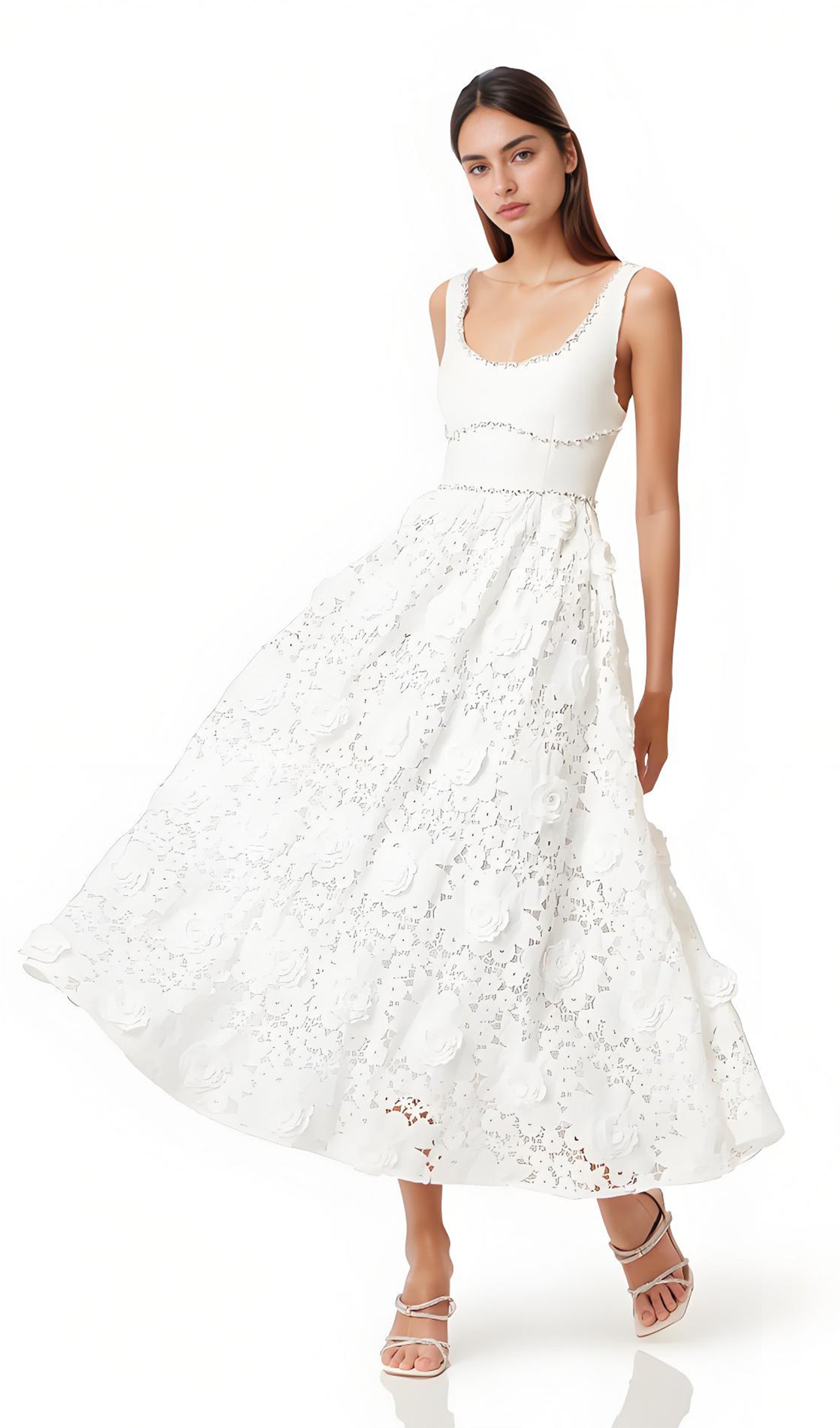 Sleeveless Embellished Lace Midi Dress