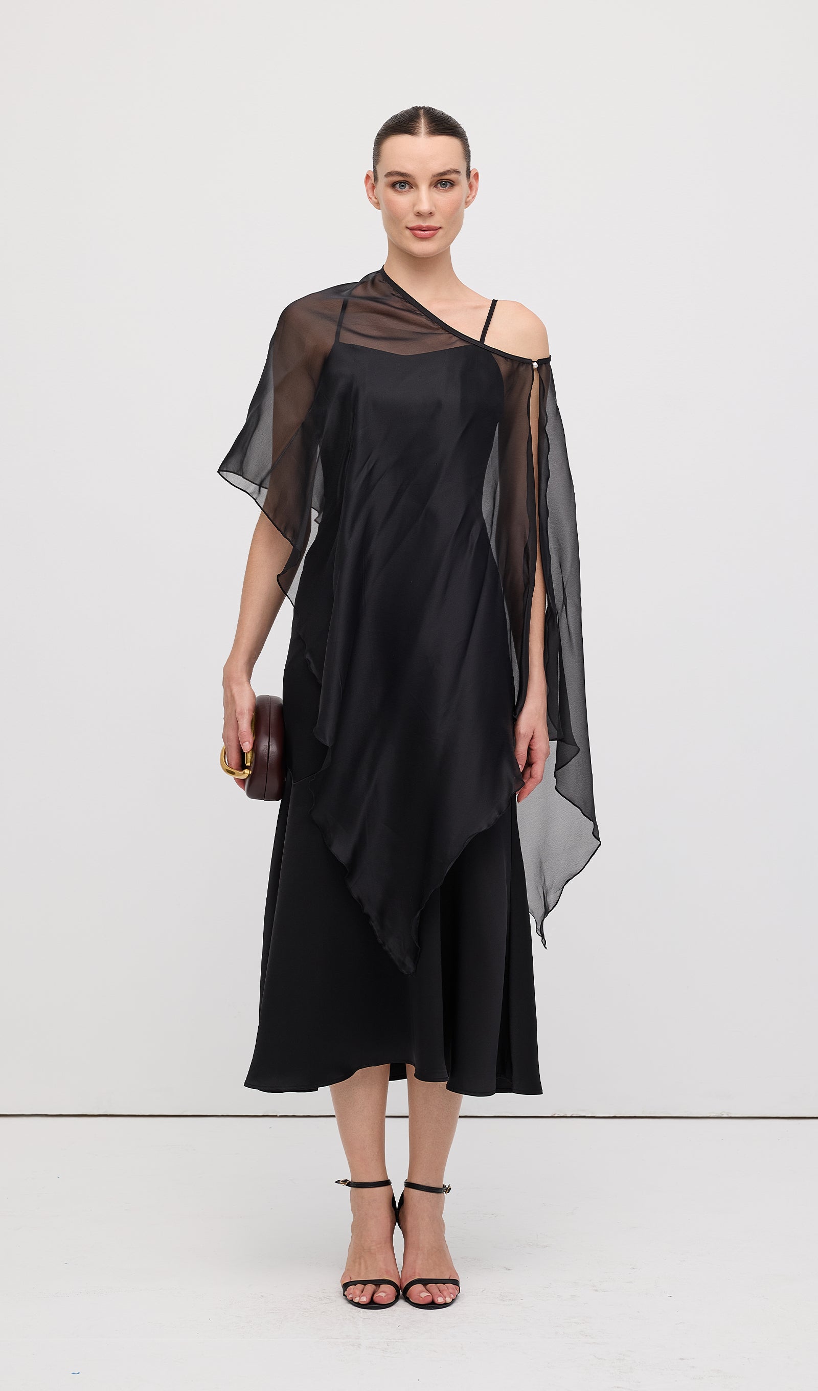 Asymmetric Cape With Satin Midi Dress