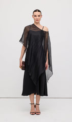 Asymmetric Cape With Satin Midi Dress