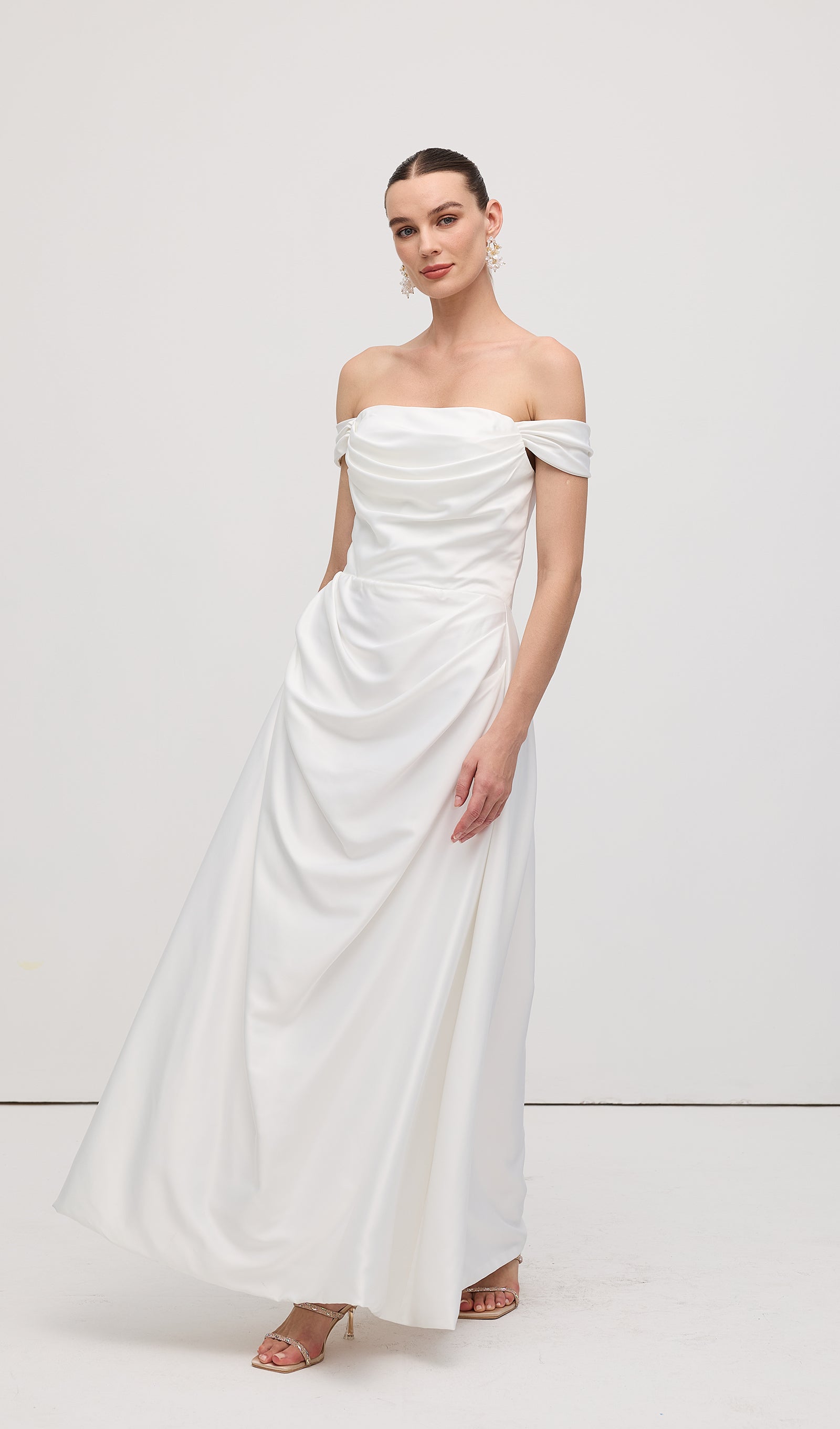 Off Shoulder Satin Maxi Dress