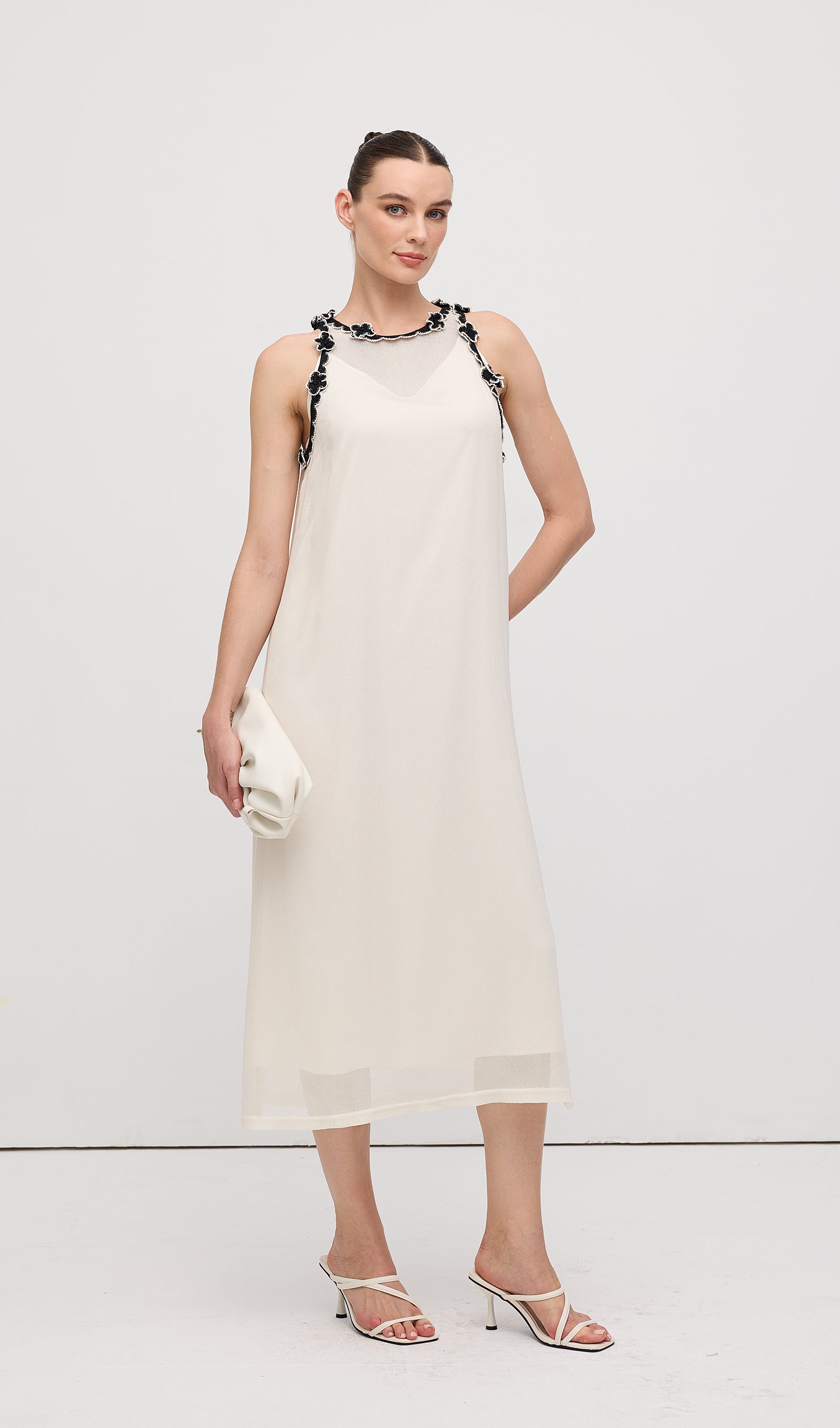 Sleeveless Embroidered Flowers Midi Dress