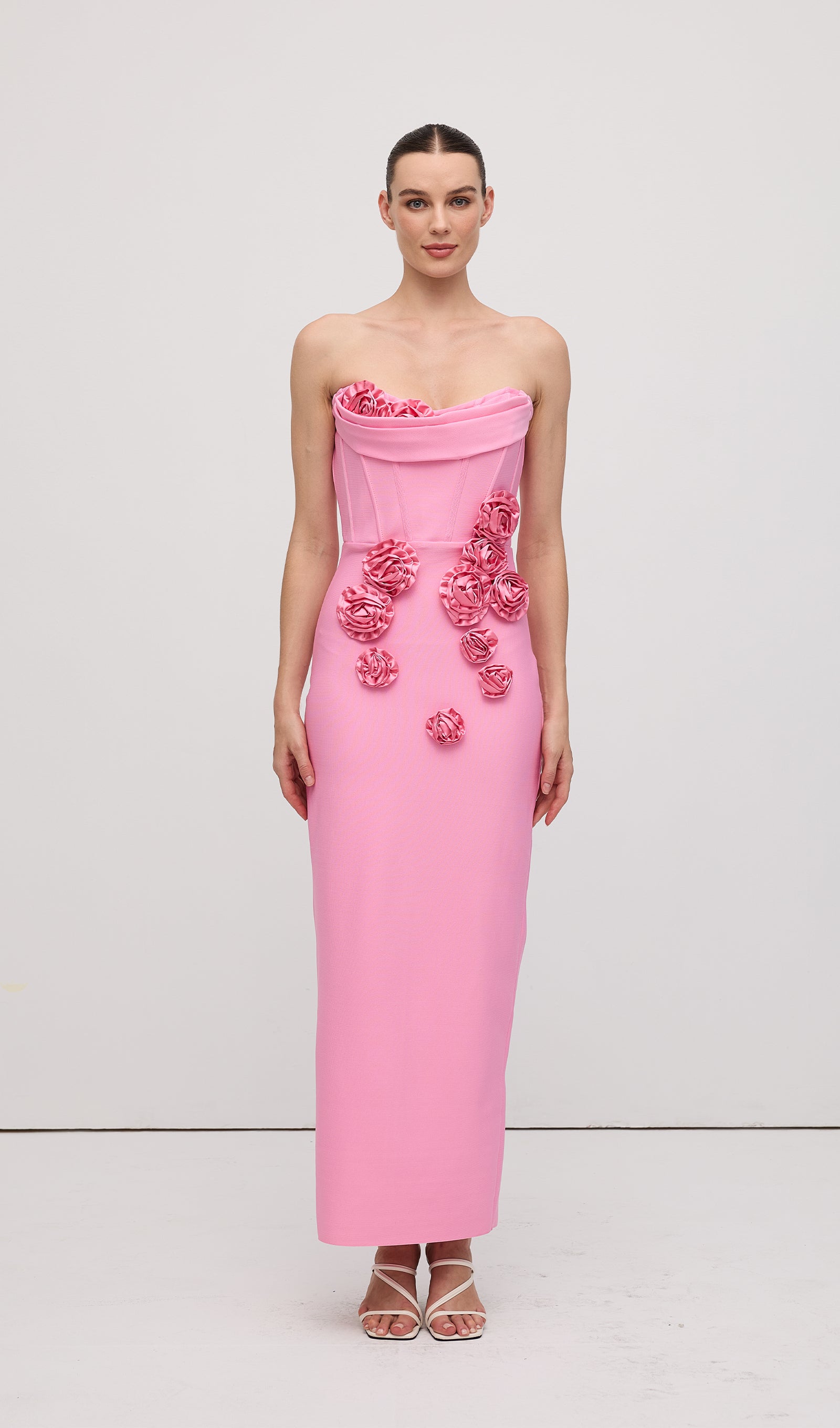 Strapless Flower Embellishments Maxi Dress Pink
