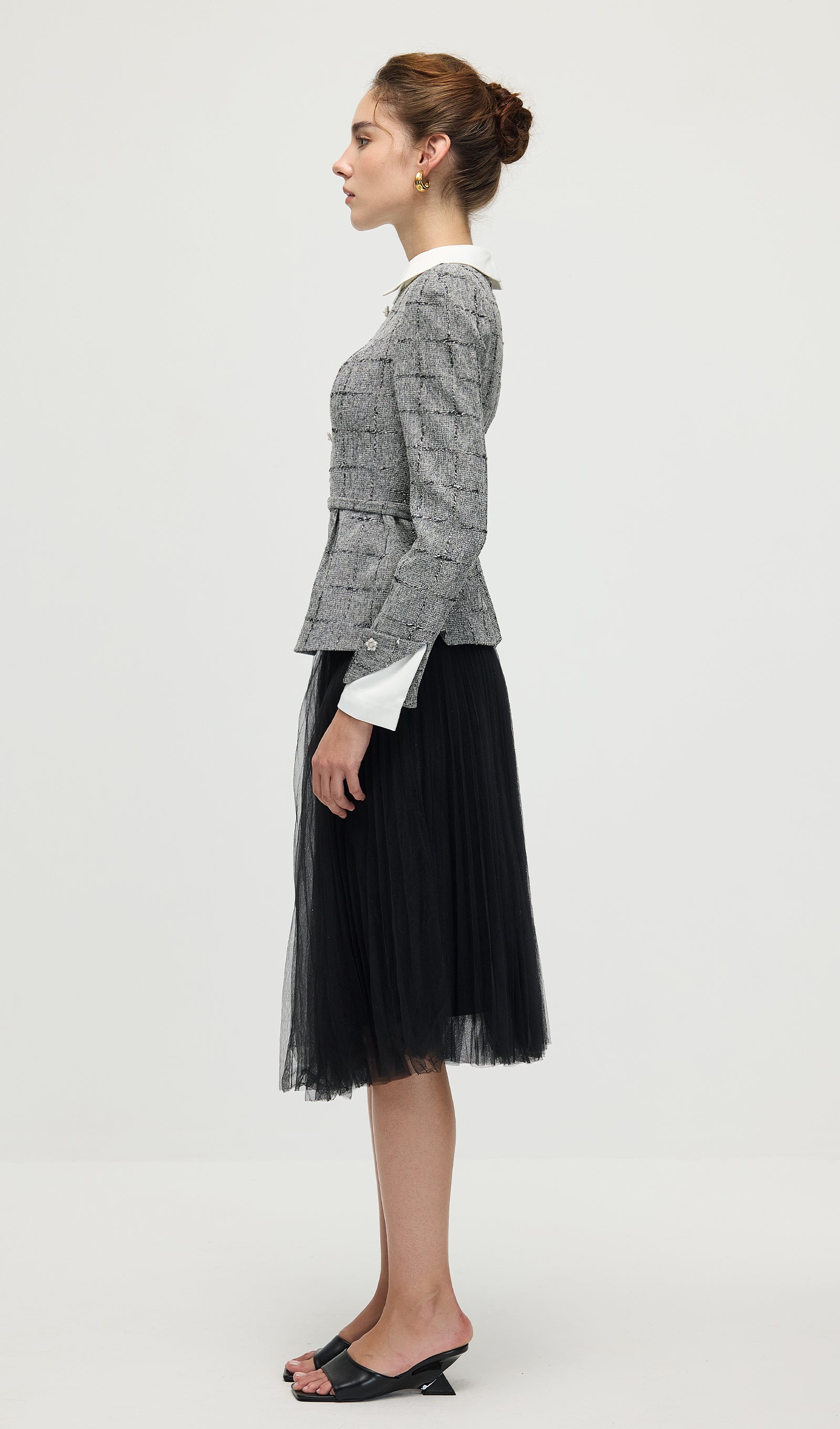 Peplum Tweed Top & Mesh Midi Skirt Set