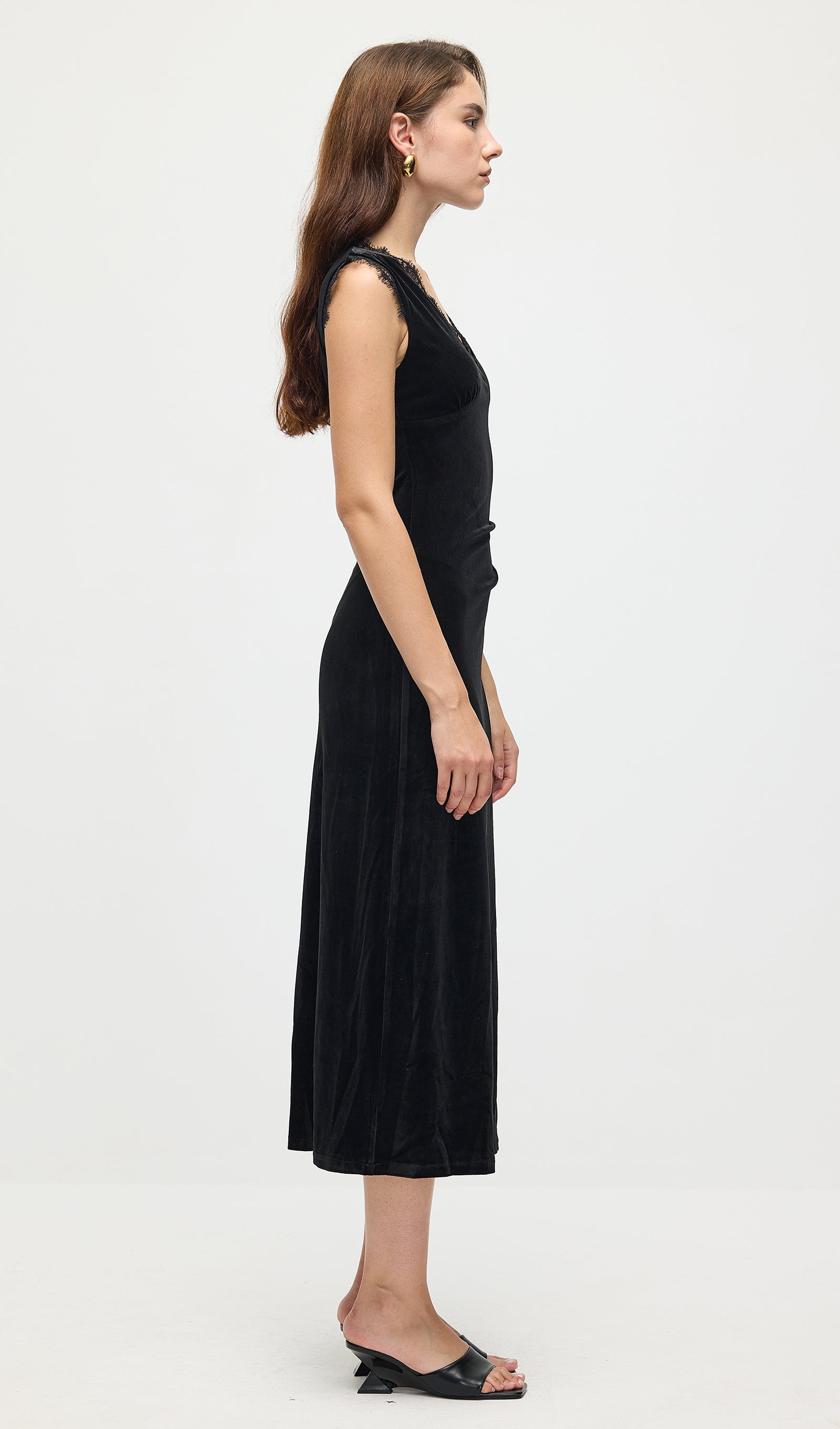Lace Trimmed Velvet Midi Dress