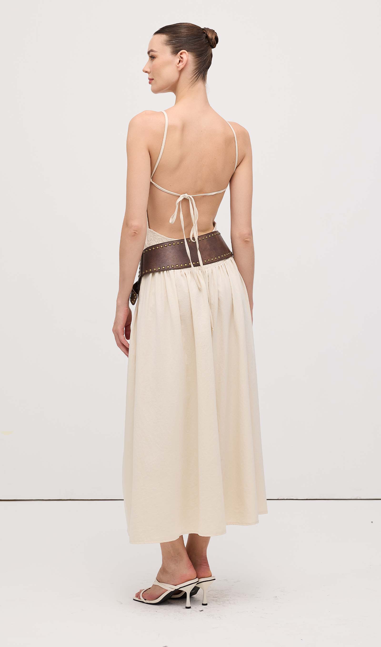 Slit Sleeveless Midi Dress With Belt