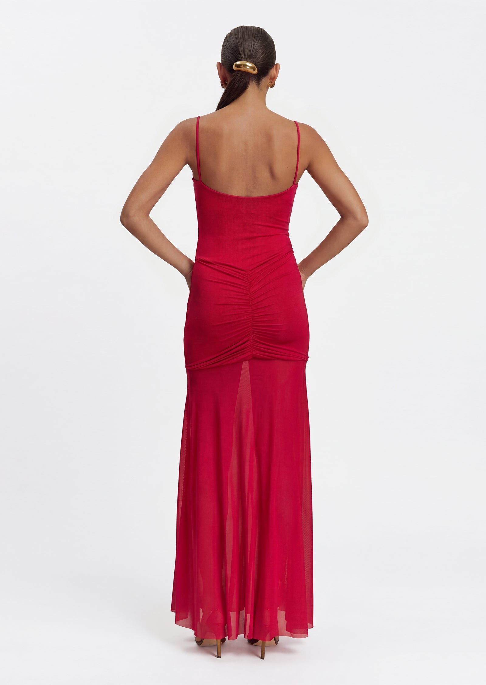 Slinky And Mesh Maxi Dress In Red