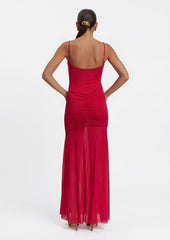 Slinky And Mesh Maxi Dress In Red