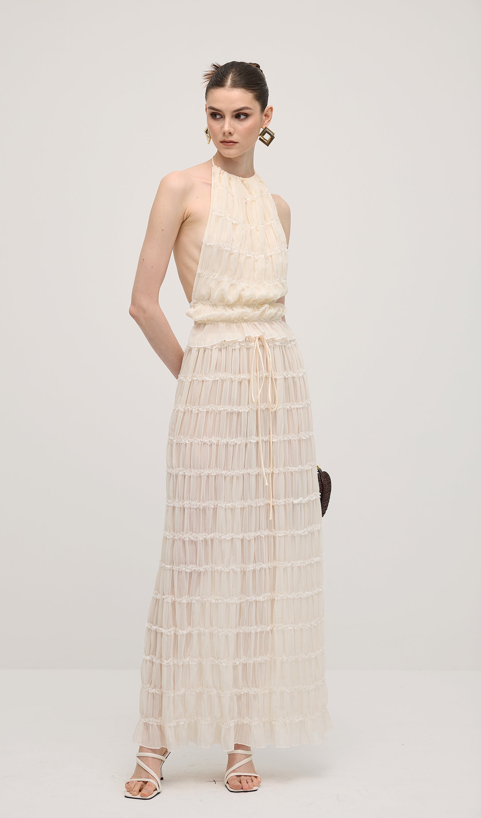 Halter Top & Ruched Detail Maxi Skirt Sets In White