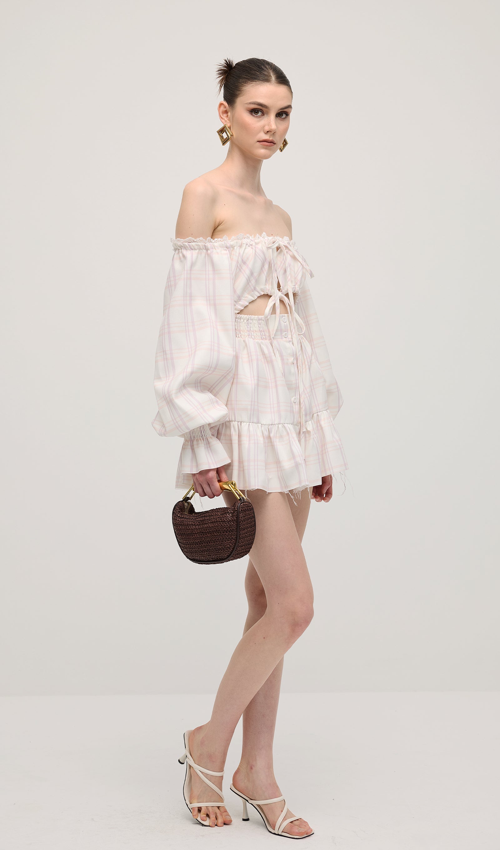 Lace Up Mini Dress Two Piece Set In Grid