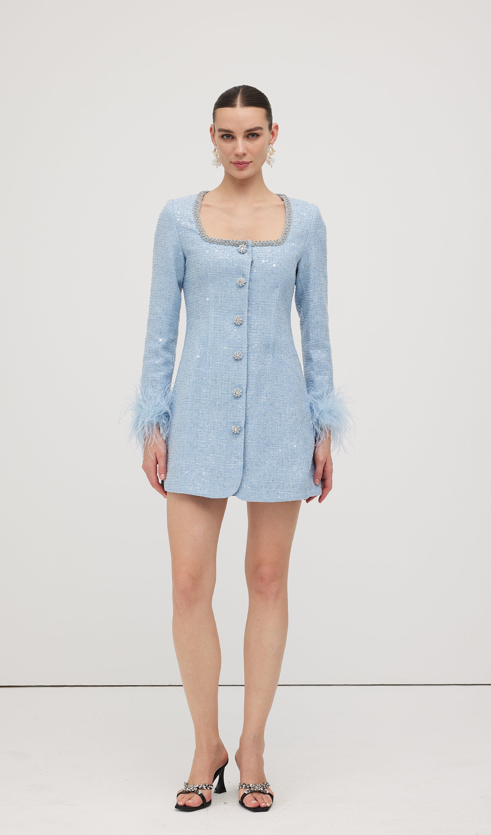 Sequin Boucle Feather Mini Dress