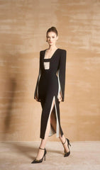 Slit Square Shoulder Midi Dress