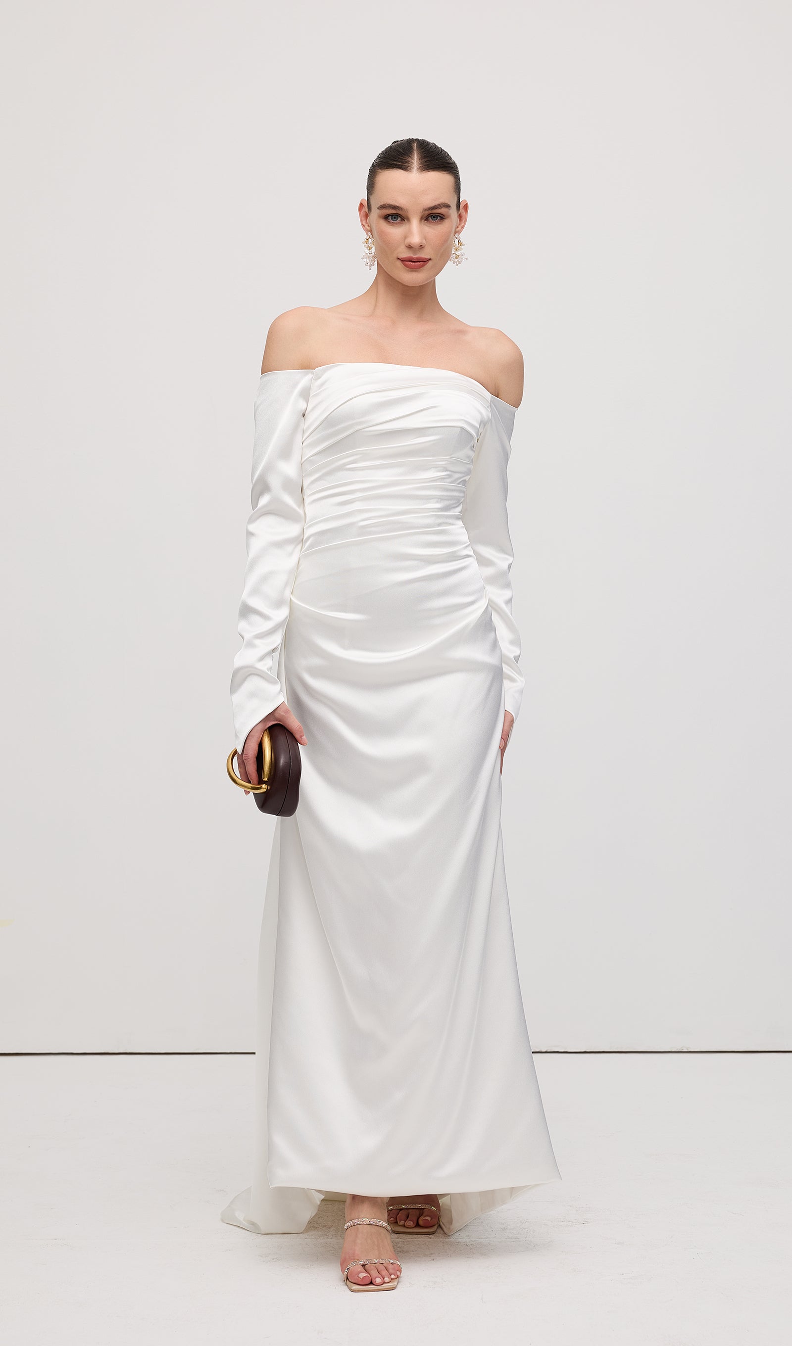 Satin Off Shoulder Ruched Maxi Dress