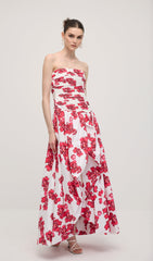 Sleeveless Ruched Draped Split Maxi Dress In Red Print