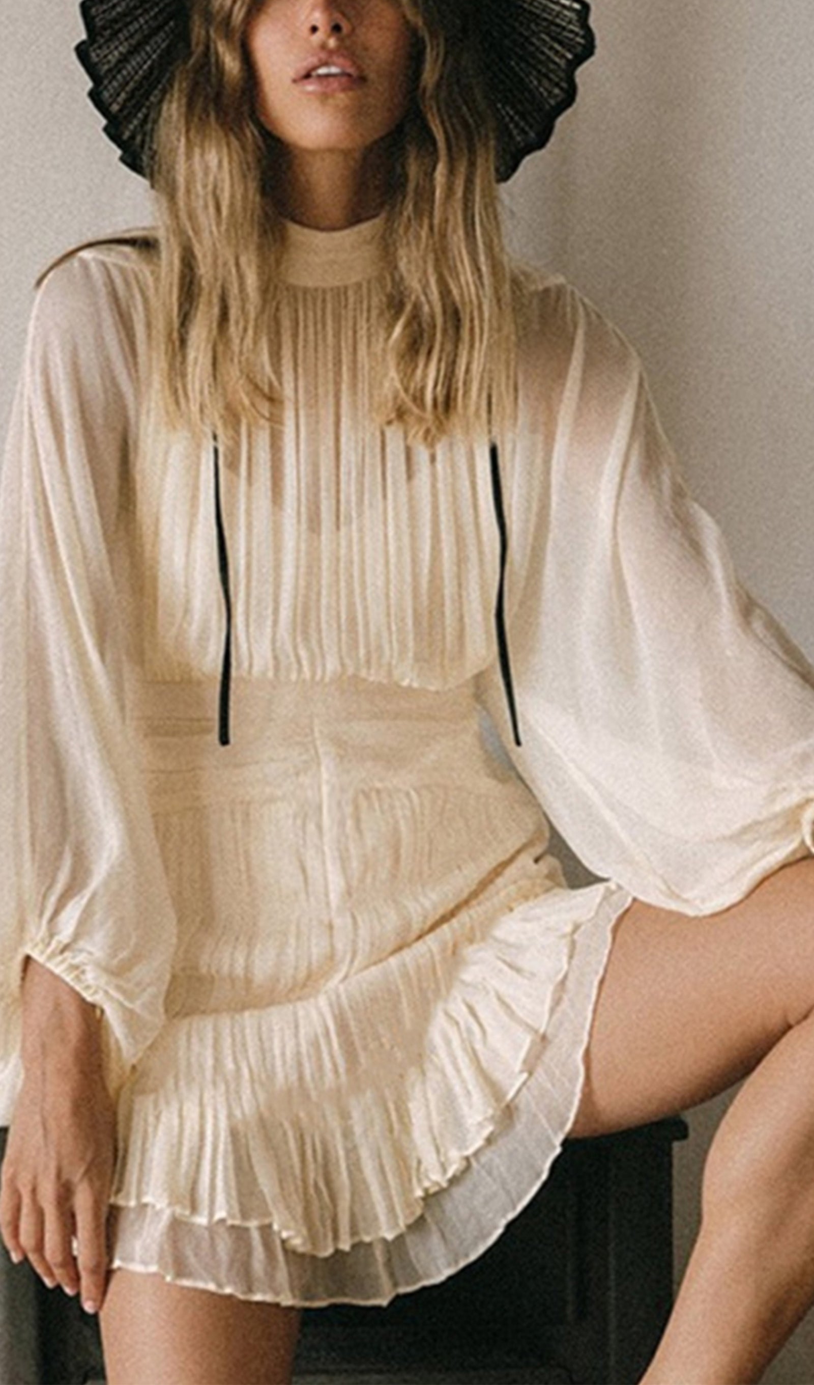 Puff Sleeve Ruched Ruffle Mesh Mini Dress