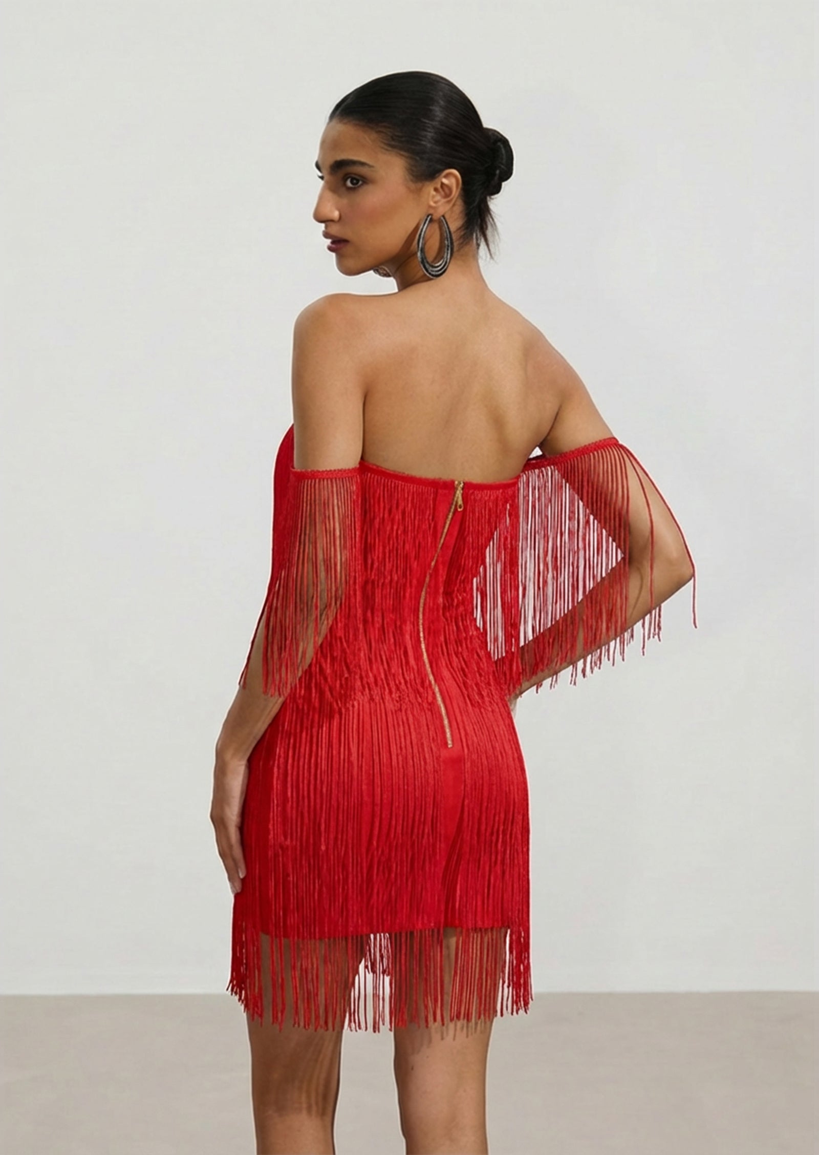 Off Shoulder Fringe Trim Mini Dress