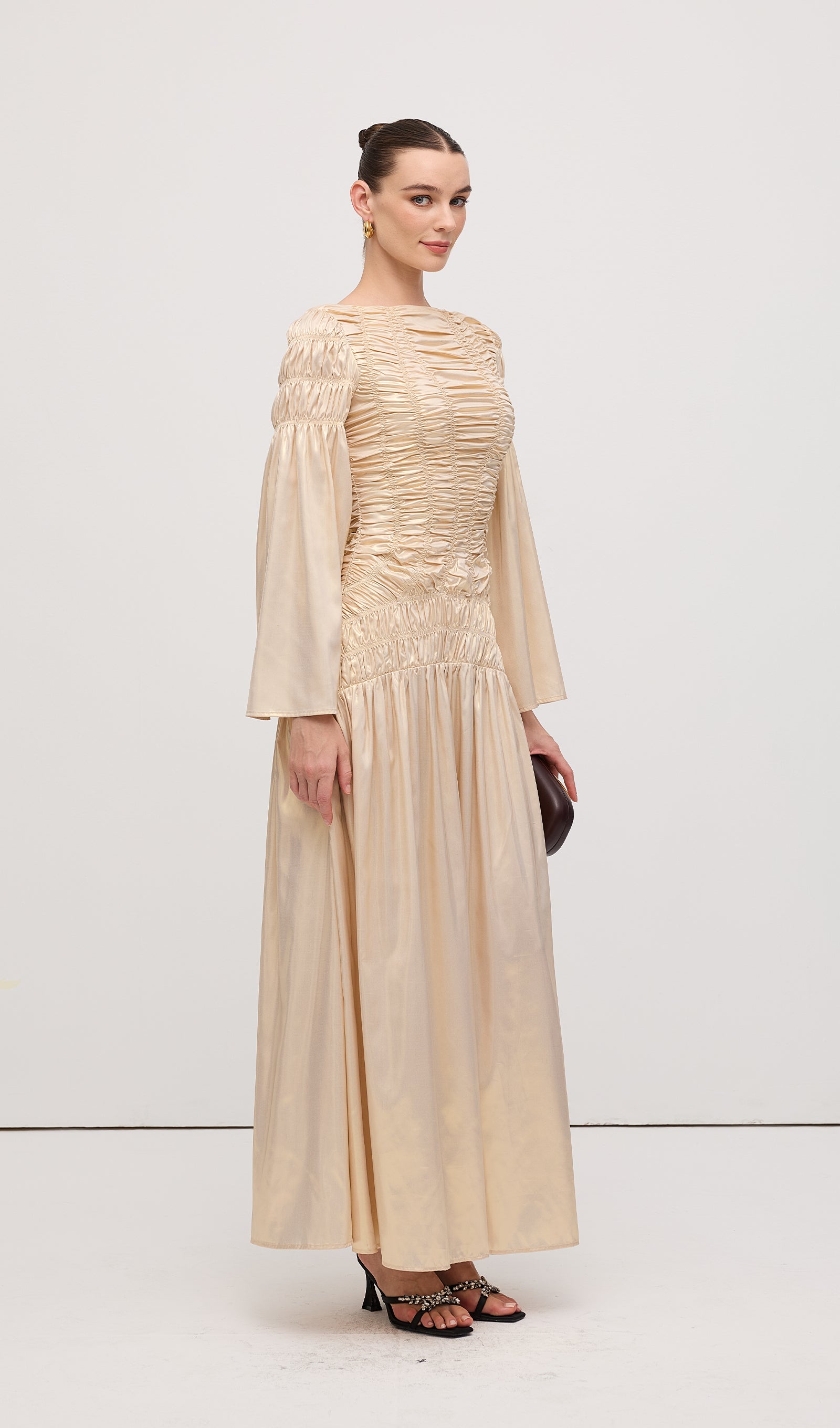 Metallic Elasticated Gathers Maxi Dress In Solid