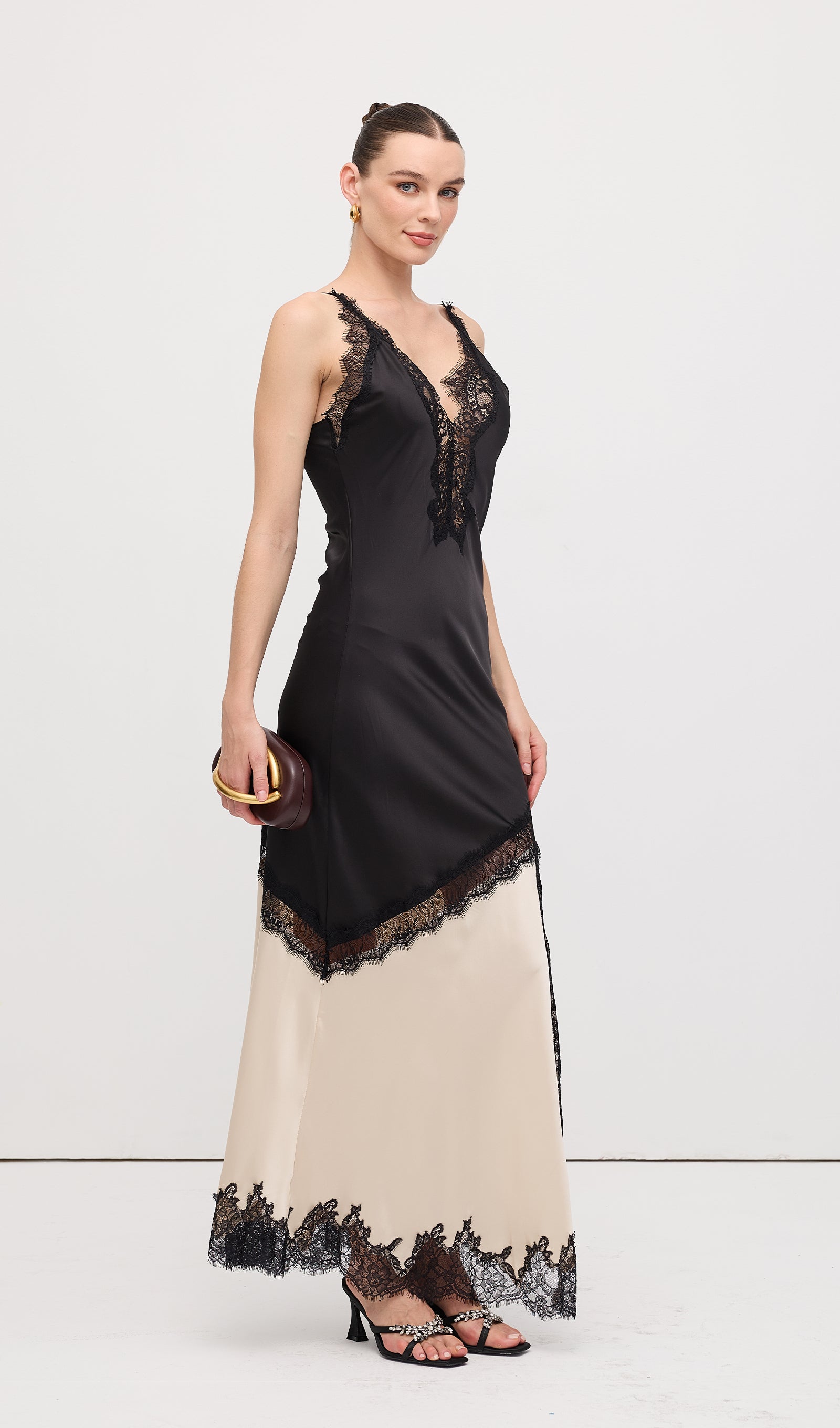 Diagonal Lace Slit Maxi Dress