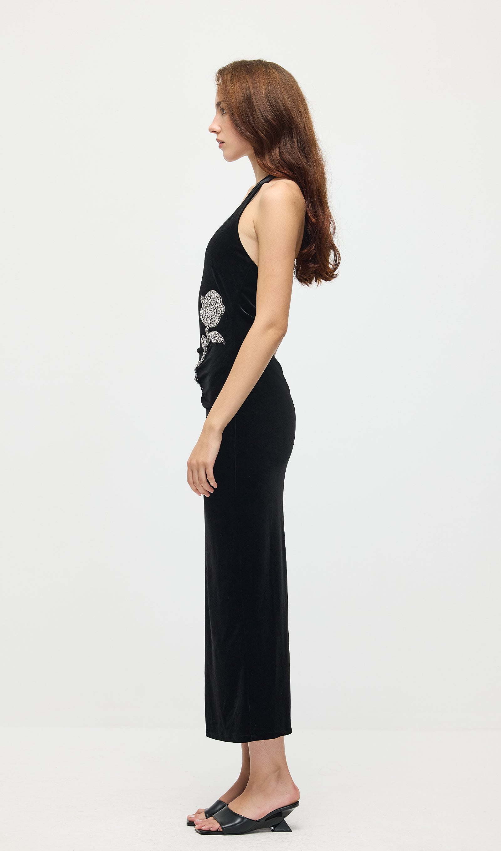 Halter Velvet Embellished Midi Dress
