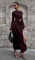 Long Sleeve Hollowed-Out Pleated Midi Dress